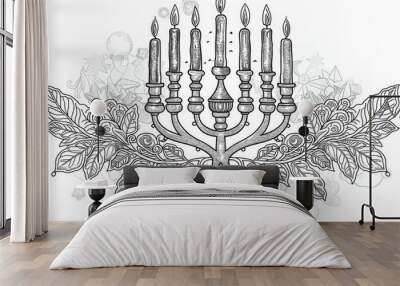 Coloring book illustration of a decorative hanukkah menorah with candles on a white background Festive holiday design element for creative activities Wall mural