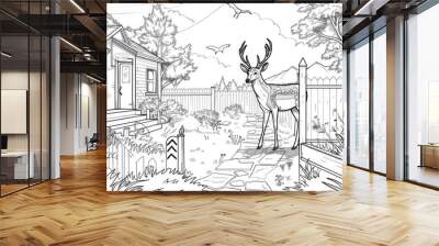 Coloring book illustration of a deer crossing sign in a whimsical backyard setting Wall mural