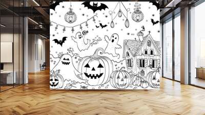 Coloring book illustration of a festive Halloween celebration featuring whimsical decorations cheerful pumpkins playful bats and friendly ghosts Wall mural