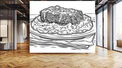 Coloring book illustration of a festive meatloaf with creamy mashed potatoes Wall mural