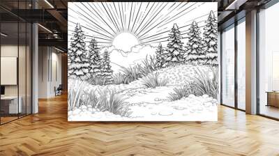 Coloring book illustration of a magical landscape with snow covered grass and pine trees at dawn featuring the sun s mysterious rays shining onto dew covered grass creating a welcoming scene for a Wall mural