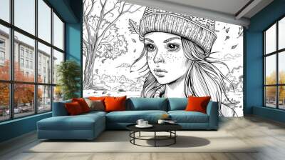 Coloring book illustration of a young girl with a wool cap enjoying autumn in a natural park with space for creativity Wall mural