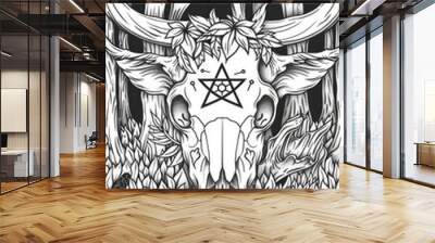 Coloring book illustration of an animal skull adorned with a pentacle amulet surrounded by an autumn forest featuring a dark natural abstract background Fall season symbolism of death mystery and Wall mural