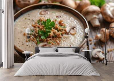 Creamy mushroom soup with breadcrumbs and mushrooms on a wooden background Wall mural