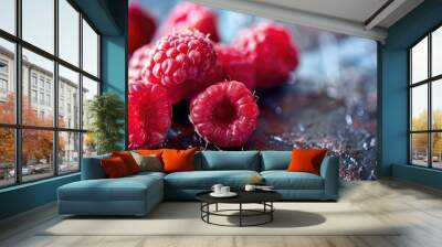 Ripe raspberries rest on the table Wall mural