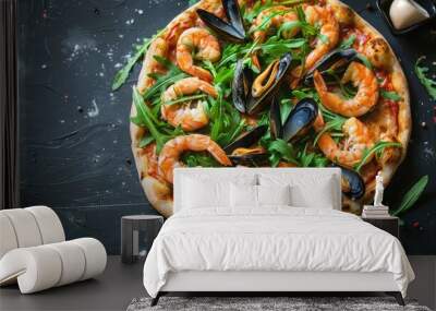 Seafood pizza with shrimp mussels and arugula on black surface Wall mural