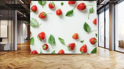 Strawberries with green leaves on white backdrop Wall mural