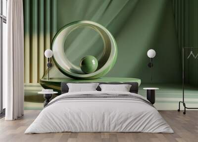 3D render of abstract forms and product podium on a green curtain background, designed with Generative AI Wall mural