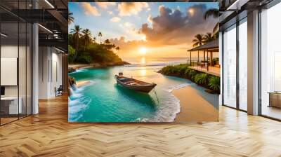 a tropical rainforest beach escape. spring,lush rainforest elements, exotic wildlife, and hidden beach coves,water fall offering an adventurous and unique summer vacation experience | Generative AI Wall mural