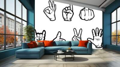 A set of 7 hand gestures. Simple Outline Icons no fill. Thumbs up victory palm middle finger one rock and ok sign. Wall mural