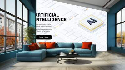 Artificial intelligence micro chip illustration. Quantum computing. PC mainboard illustration background. 3D isometric hardware Wall mural