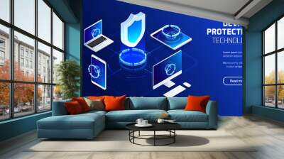 Website security system, device protection technology, futuristic holographic 3d isometric vector illustration Wall mural