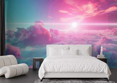 Abstract of cloud and sky natural background in retrowave city pop style, modern cyberpunk, 3d rendering Wall mural