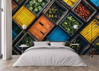 Aerial view of crates filled with various fruits and vegetables, symbolizing organized logistics and distribution in the fresh produce industry Wall mural