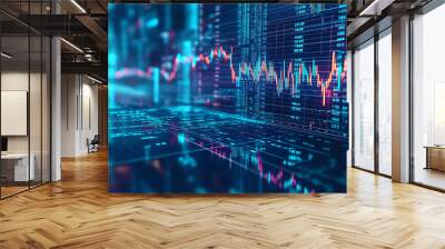 Blue stock market background with upward arrows and financial graph on dark blue background, business growth concept Wall mural