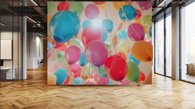 Colorful balloons floating on the ceiling of a party in vintage Wall mural