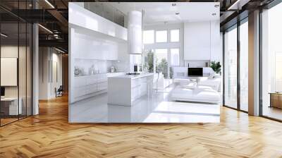 Luxurious white kitchen and living room in a big house Wall mural