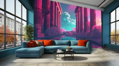 Parthenon construction with cloud sky in retrowave city pop design, vaporwave style colors y2k concept, Generative Ai. Wall mural