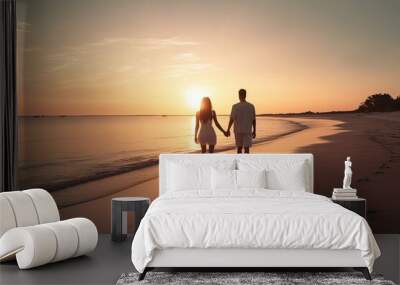 romantic image of a couple at the beach during sunset.  Wall mural