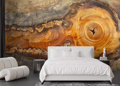 Stump of tree felled - section of the trunk with annual rings. Slice wood. Wall mural