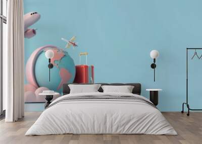 travel holiday conceptual 3D rendering. light image with 3D rendering of an airplane and suitcase and globe. Wall mural