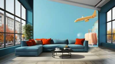 travel holiday conceptual 3D rendering. light image with 3D rendering of an airplane and suitcase and globe. Wall mural