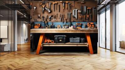 work bench with tools on the wall. Wall mural