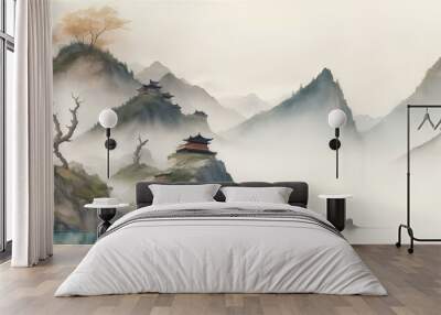 Traditional Chinese house hill scenery landscape watercolor painting wallpaper oriental background Wall mural