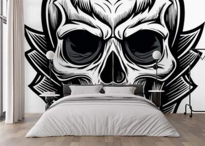 A black and white drawing of a skull with a black outline Wall mural