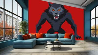 A cartoon wolf with red eyes and sharp teeth is standing Wall mural