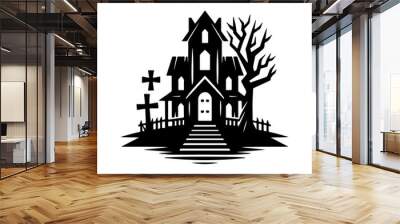 A Haunted House With Tree And Cross Icon Silhouette vector illustration Wall mural