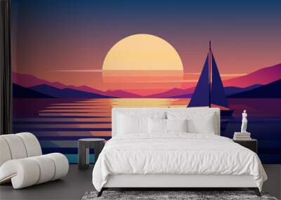 illustration of behind a sailboat on the horizon Wall mural