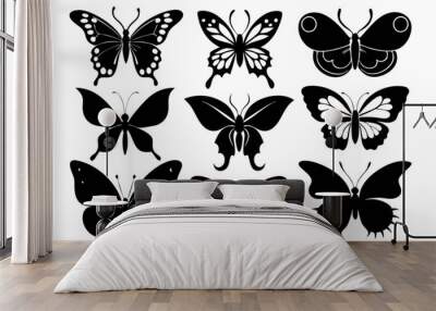 butterfly black silhouettes icon set,Flying butterflies silhouette black set Wall mural