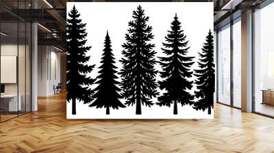 Pine tree silhouettes. Evergreen forest firs and spruces black shapes, wild nature trees templates. Vector illustration woodland trees set on white background Wall mural