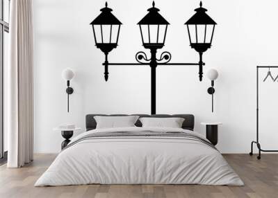 Street lamp post black  3 light black and white  silhouette Wall mural