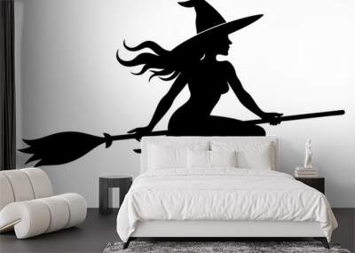 The black silhouette of a beautiful witch sitting on a broomstick, Wall mural