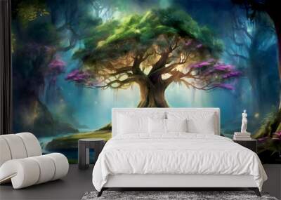 A beautiful fairytale enchanted forest with big trees and great vegetation. Digital painting background Wall mural