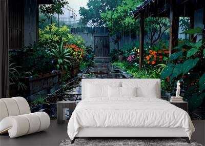 An anime garden soaked in a heavy rainstorm, with large raindrops hitting the leaves and petals Wall mural