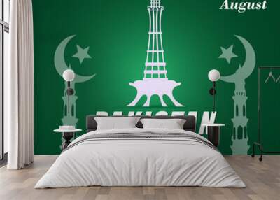 A green background with a white Minar e Pakistan outline in the center flanked by 2 minarets with crescent moons and stars 14 August is at the top and PAKISTAN HAPPY INDEPENDENCE DAY is at the bottom Wall mural