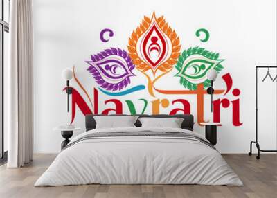 The word Navratri is the central focus, styled with decorative flourishes and patterns The letters are in bright hues like red orange yellow green blue and purple against a white backdrop
 Wall mural