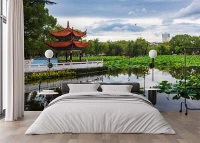 Chinese pavilion reflected in Green lake in Kunming Wall mural