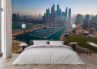 Dubai Marina skyscrapers and popular JBR beach in the UAE aerial view Wall mural