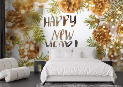 happy new year card with pine cones Wall mural