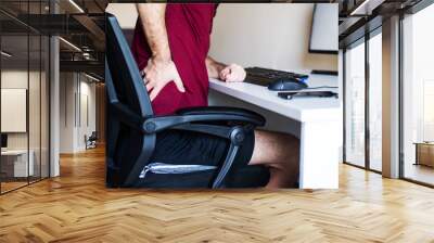 Man having back pain while working from home in an improvised office Wall mural