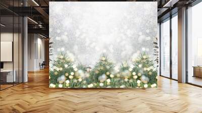 pinecones and fir tree on sparkling background. Wall mural