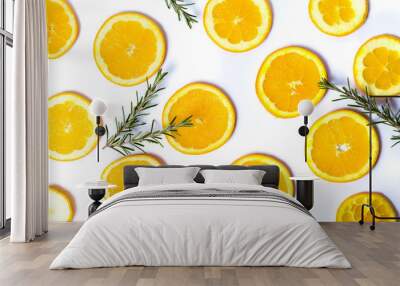 Sliced oranges with rosemary background pattern isolated Wall mural