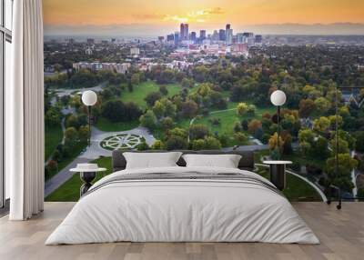 Sunset over Denver cityscape, aerial view from the park Wall mural