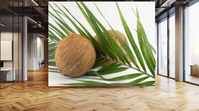 Whole coconuts on coconut leaves on white Wall mural