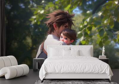 Father and son in a park, cute style, hyperrealistic close up photography, animation style Wall mural