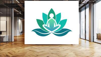 Yoga logo with tree concept vector logo vector, Human meditation in lotus flower icon isolated on white background, simple clean logo, Creative Logo Icon,  2d style,   vector logo icon, vector illustr Wall mural